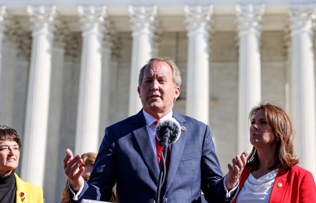 Paxton pictured speaking to anti-abortion supporters outside the U.S. Supreme Court in 2021.