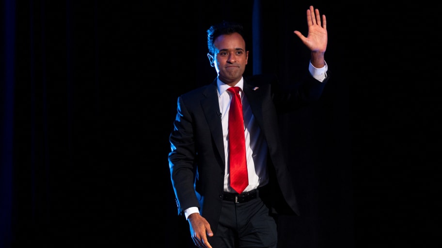 Republican presidential candidate Vivek Ramaswamy waves to the crowd at Erick Erickson's conservative political conference.