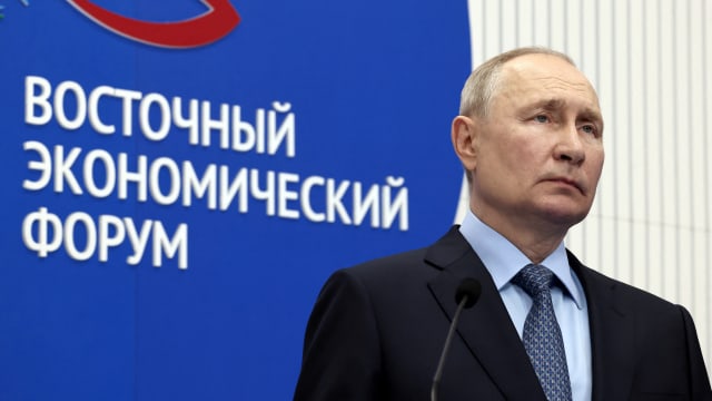 Russian President Vladimir Putin listens to a report presentation on the development of Russia's far eastern regions held via a video link in Vladivostok, Russia, September 11, 2023.