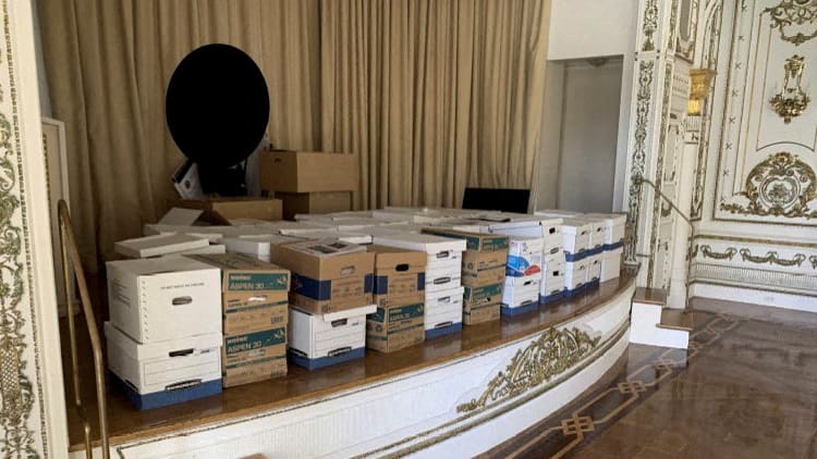 A photo published by the U.S. Justice Department in their charging document against former U.S. President Donald Trump shows what the Justice Department says are boxes of documents stored at Trump's Mar-a-Lago club in Florida