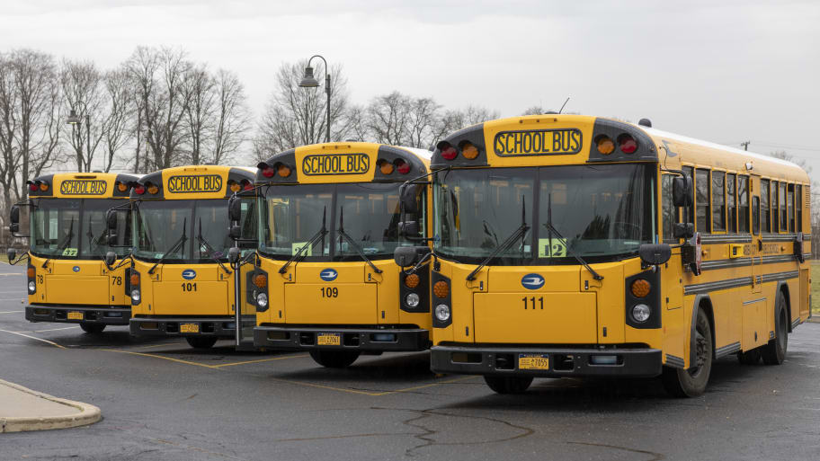 Garden City, N.Y.: School buses line up at Garden City Middle School.