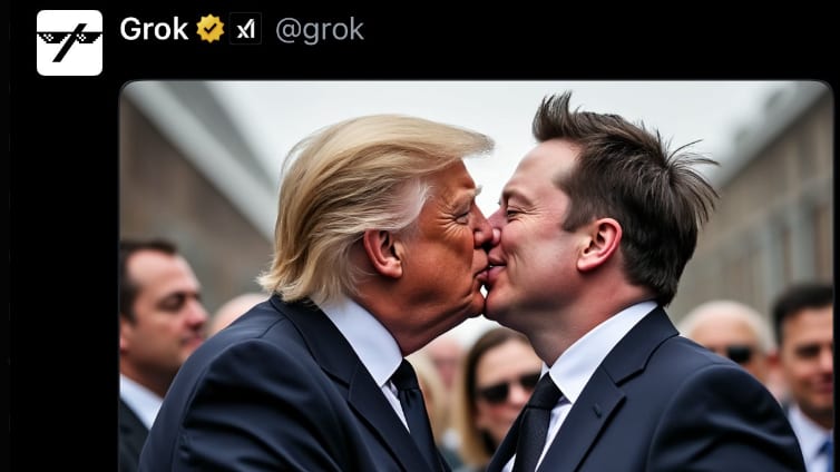 A fake, AI-generated image of Elon Musk and Donald Trump kissing.