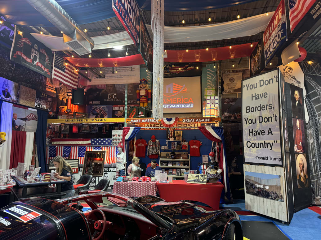 Merchandise—and messaging—on display at the America First Warehouse.