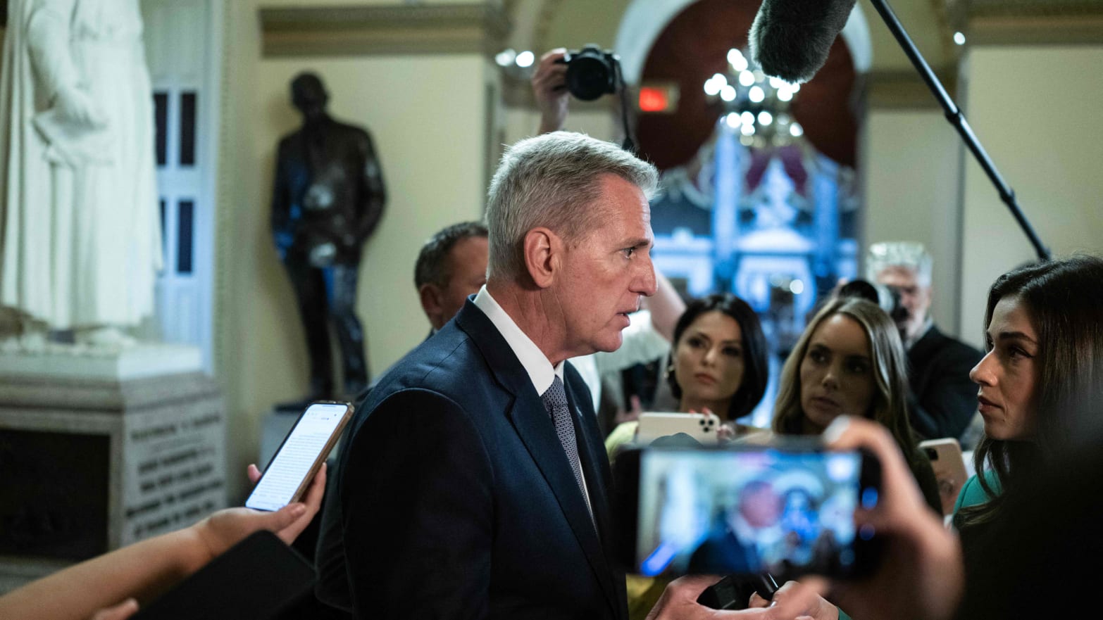 US Speaker of the House Kevin McCarthy, Republican of California, speaks to the press before going to the House chamber to vote on a continuing resolution on Capitol Hill in Washington, DC on September 30, 2023. 