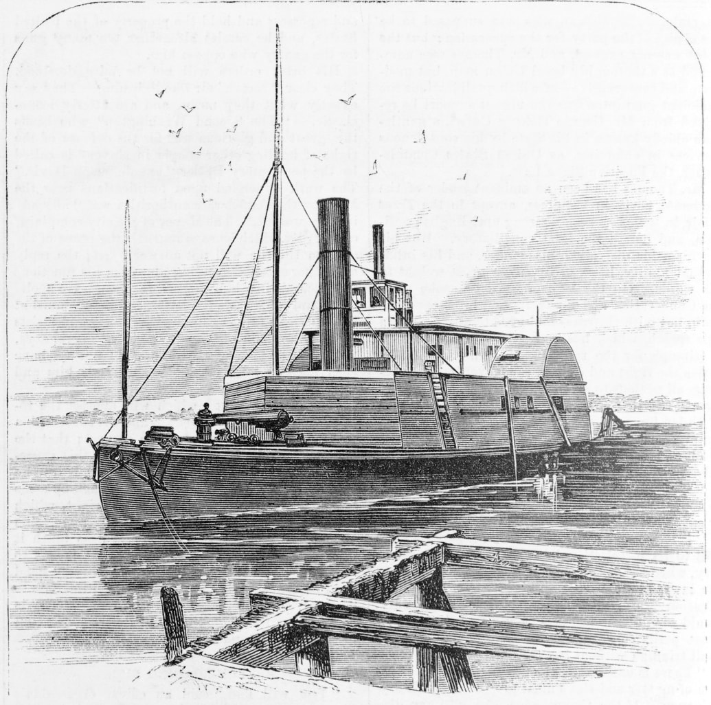 An illustration depicting the Confederate gunboat 'Planter,' which was run out of Charleston harbor by Robert Smalls, in a successful attempt to free himself and his family from slavery, 1862. 