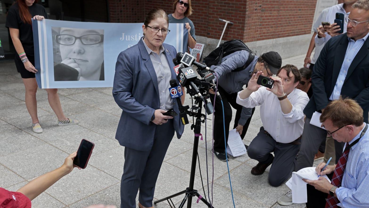 Stoughton Police Chief Donna McNamara addresses the media, outside the John Joseph Moakley United States Courthouse