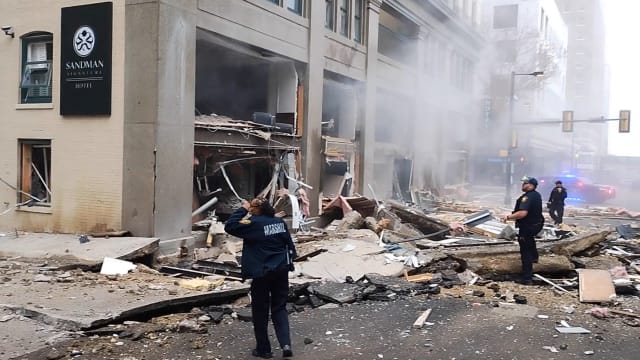 A view of damage and debris as first responders react to an explosion at the Sandman Hotel in downtown Fort Worth, Texas, U.S. January 8, 2024.