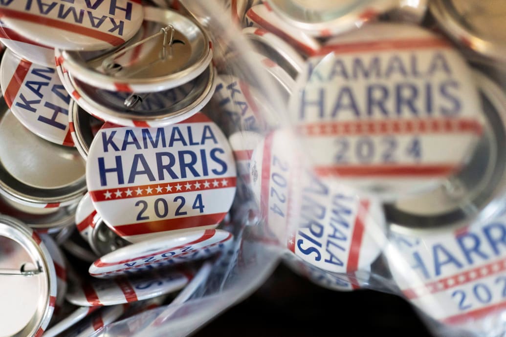 Buttons in support of U.S. Vice President Kamala Harris' presidential campaign are pictured at the Gloo Factory in Tucson, Arizona, U.S. July 25, 2024.