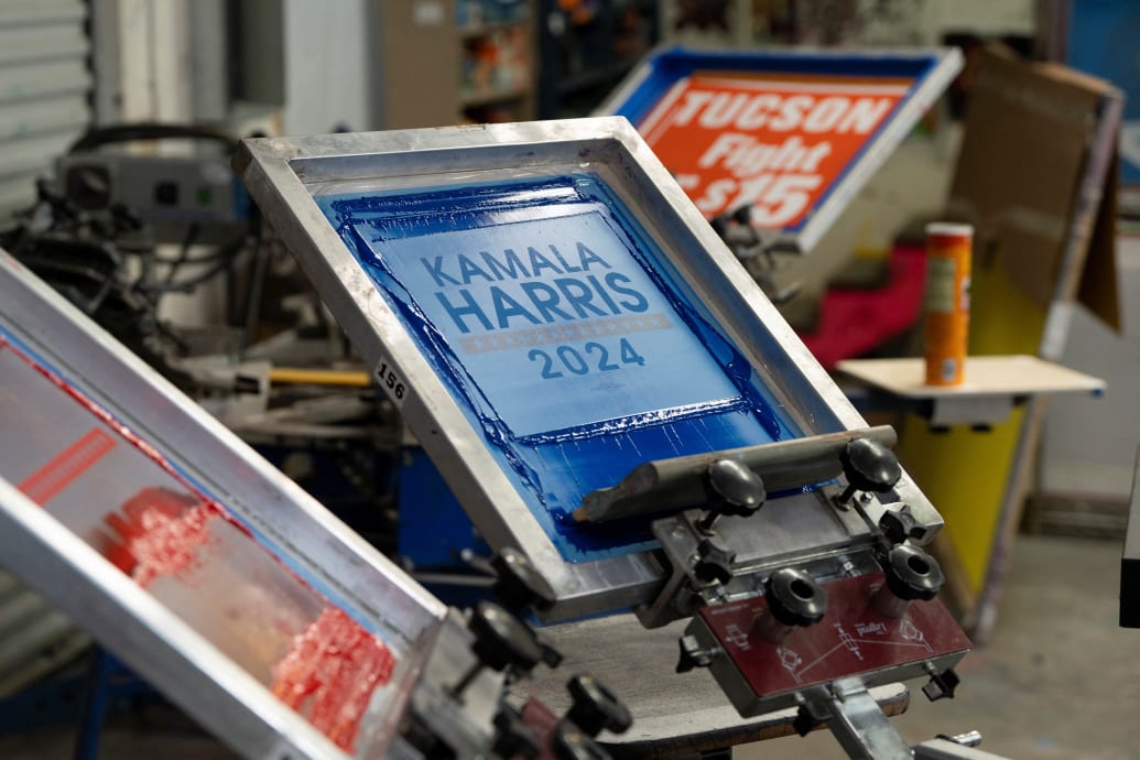 Kamala Harris 2024 branded t-shirts being printed