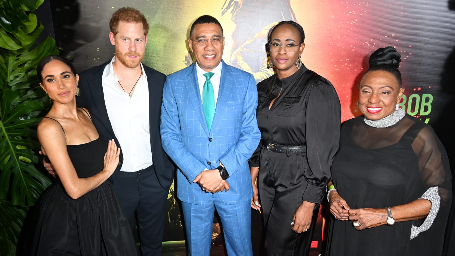 Meghan, Duchess of Sussex, Prince Harry, Duke of Sussex, Andrew Holness, Juliet Holness and Olivia Grange attend the Premiere of “Bob Marley: One Love” at the Carib 5 Theatre on January 23, 2024 in Kingston, Jamaica. 