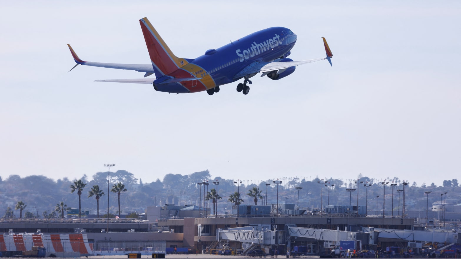 A Southwest passenger flight takes off from San Diego, California.