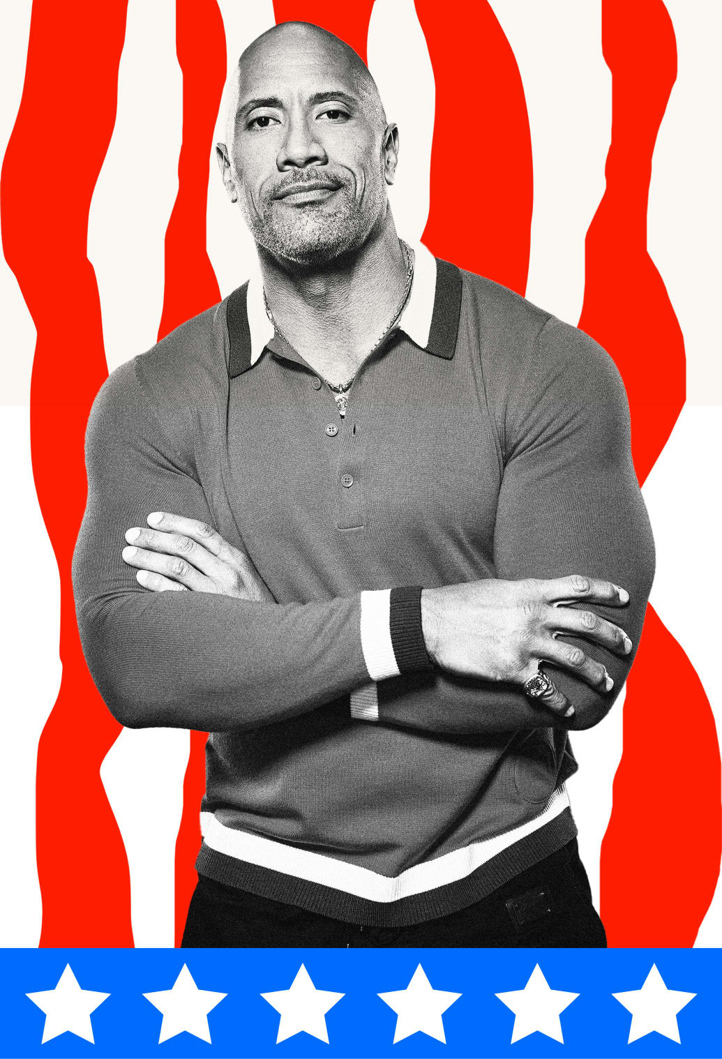 Photo illustration of Dwayne "The Rock" Johnson with an American flag motif