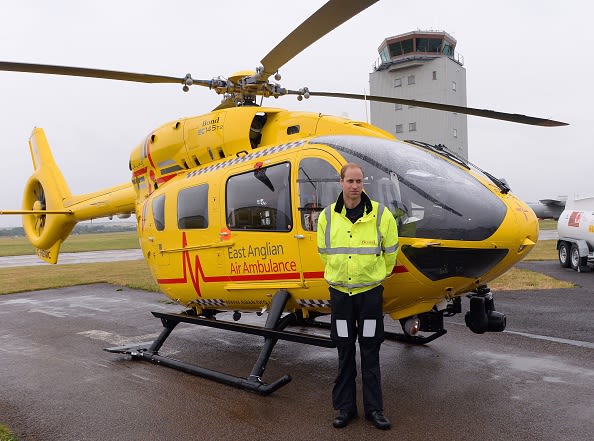 Prince William, as he began his new job with the East Anglian Air Ambulance (EAAA) at Cambridge Airport on July 13, 2015 in Cambridge, England.