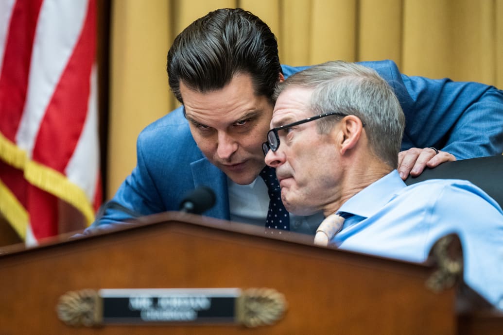 Chairman Jim Jordan, R-Ohio, right, and Rep. Matt Gaetz, R-Fla., confer during House Judiciary Select Subcommittee on the Weaponization of the Federal Government.