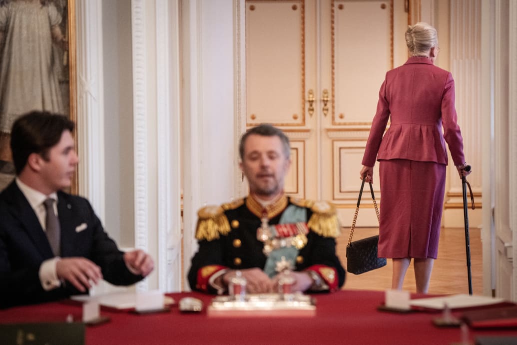 Queen Margrethe leaves the meeting of the Council of State and leaves the place at the end of the table to King Frederik X, who has Crown Prince Christian by his side in the Council of State at Christiansborg Castle in Copenhagen, Demark January 14, 2024.