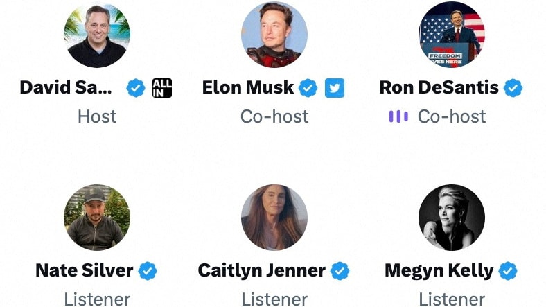 A screen grab shows Ron DeSantis participating in a Twitter Spaces event with Elon Musk and others as he announces he is running for the 2024 Republican presidential nomination, May 24, 2023.