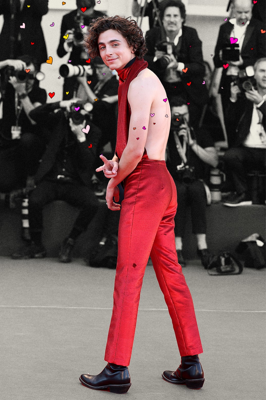 Image: Timothee Chalamet in a red backless outfit