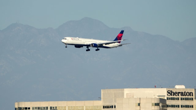 A Delta Air Lines Boeing 767 in the air.