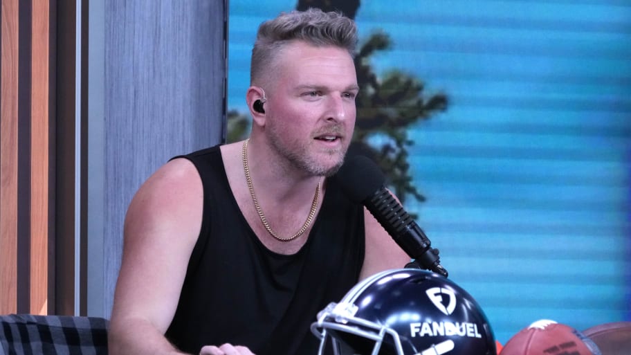Pat McAfee on the FanDuel set on radio row at the Super Bowl LVII media center at the Phoenix Convention Center.