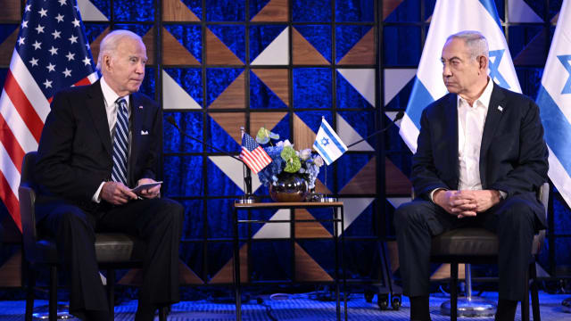 US President Joe Biden (L) meets with Israel's Prime Minister Benjamin Netanyahu in Tel Aviv in October 2023, amid the ongoing battles between Israel and the Palestinian group Hamas.