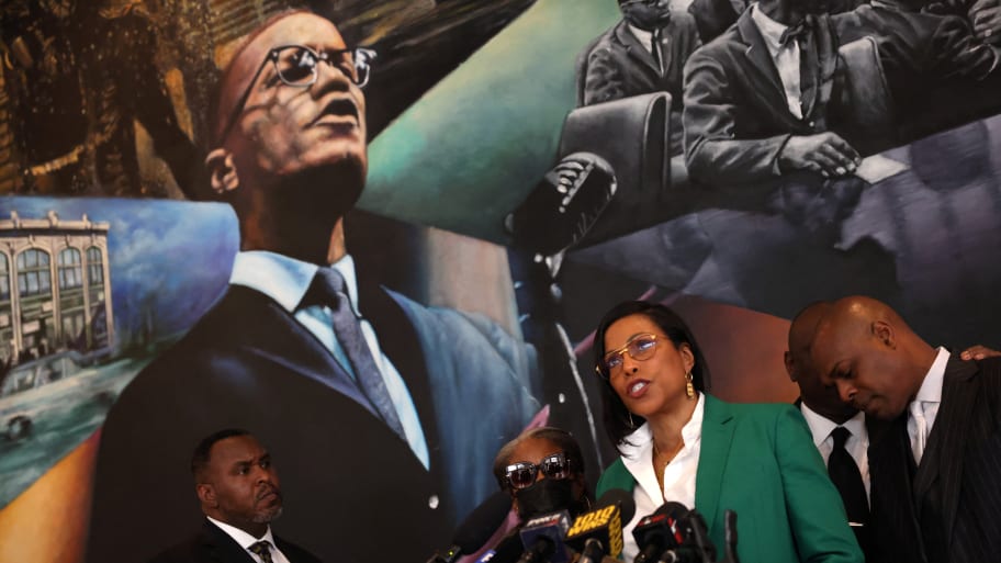 Daughter of the late slain civil rights leader Malcolm X Ilyasah Shabazz, speaks alongside her sister Qubilah and attorney Ben Crump and his legal team during a news conference in New York City, New York, U.S. February 21, 2023.