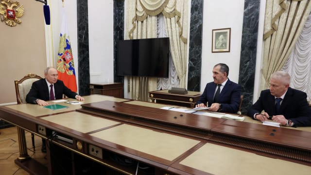 Russian President Vladimir Putin meets with senior former commander of the Wagner mercenary group Andrei Troshev and Deputy Defence Minister Yunus-Bek Yevkurov in Moscow, Russia, September 28, 2023. 