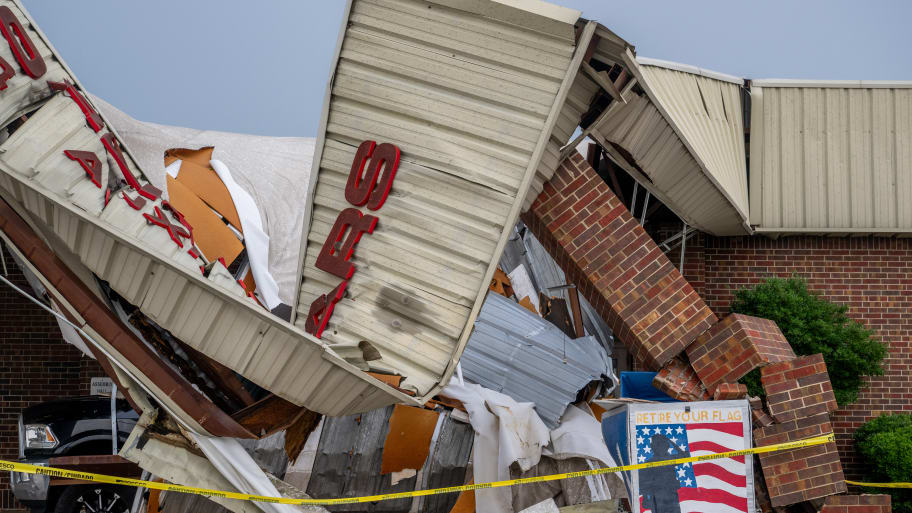 The exterior of the Veterans of Foreign Wars facility suffered severe damage following a tornado on May 23, 2024 in Temple, Texas.