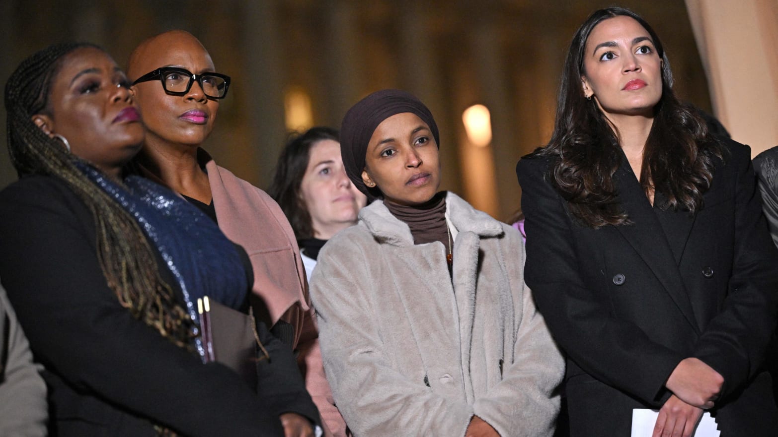 From left, Reps. Cori Bush, D-MO, Ayanna Pressley, D-MA, Ilhan Omar, D-MN, Alexandria Ocasio-Cortez, D-NY.