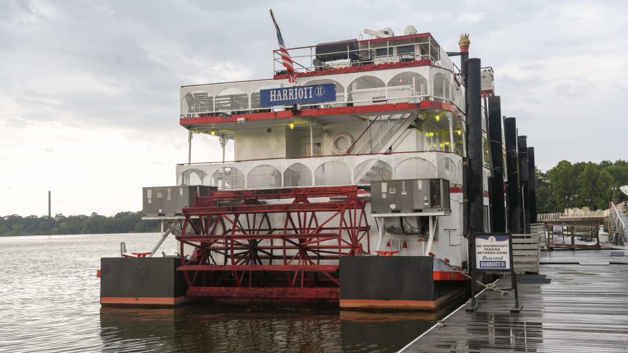 The Harriott II, a riverboat, remains docked on August 8, 2023, on the Alabama riverfront in downtown Montgomery, Alabama.
