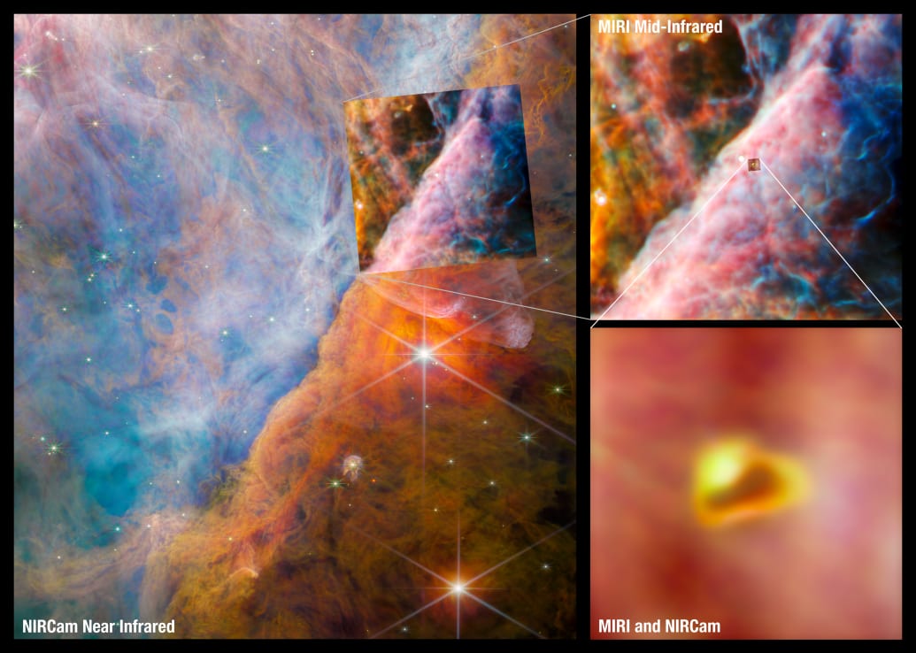 An image made of three panels. The largest on the left shows the NIRCam image of a nebula with two bright stars. top-right points to a second panel on the right. A tiny box in the centre with a zoomed-in image of a yellow and orange blob.