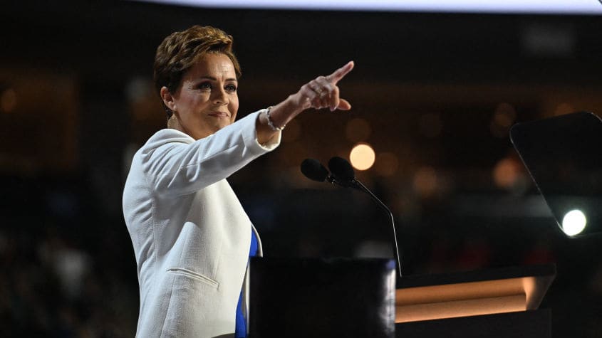 Kari Lake speaks on stage during the second day of the 2024 Republican National Convention in Milwaukee.