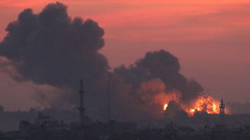 Explosion and smoke caused by Israeli raids seen on Oct. 11, 2023, in Gaza City, Gaza.