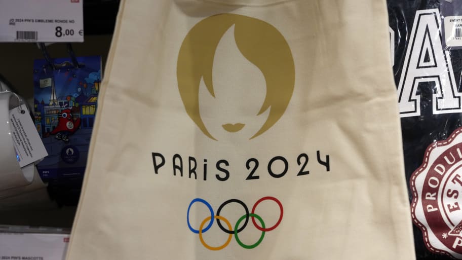 A bag with the Paris 2024 Olympic Games logo at the Relay store at the Gare de Nord.