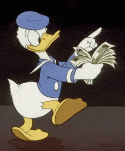 an animated gif of Donald Duck counting dollar cash