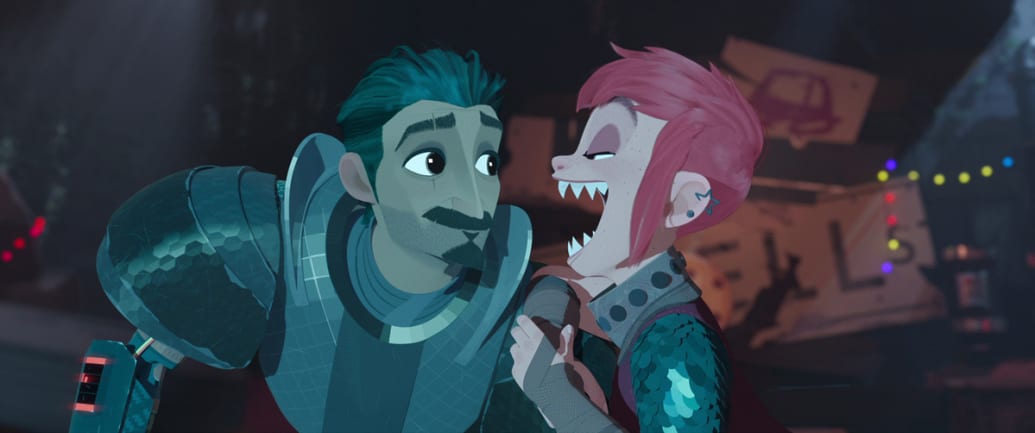A still from ‘Nimona' that shows Nimona and the Knight.
