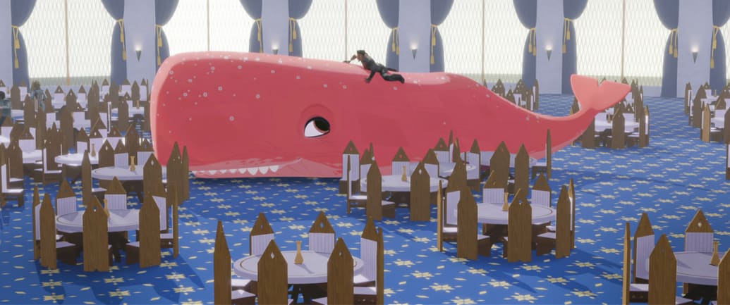 A still from ‘Nimona' showing Nimona as a whale with Ballister Boldheart on top of her.