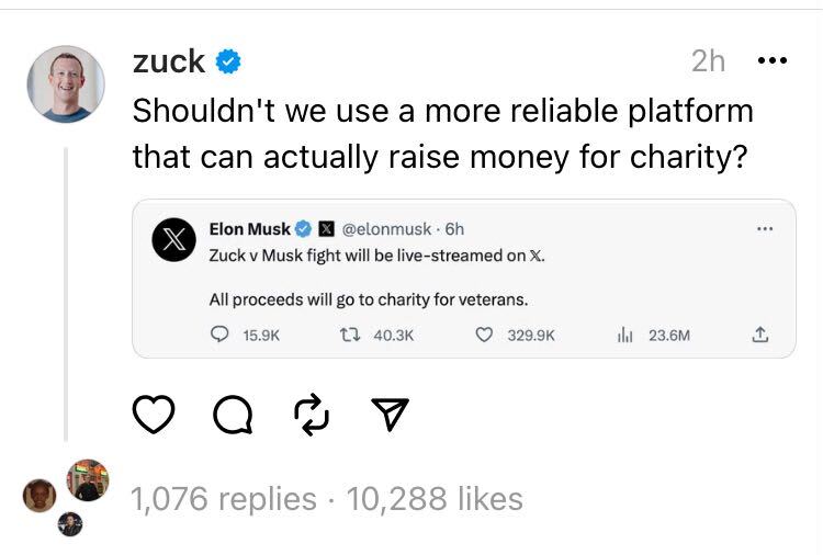 A post from Mark Zuckerberg on Threads surrounding Elon Musk