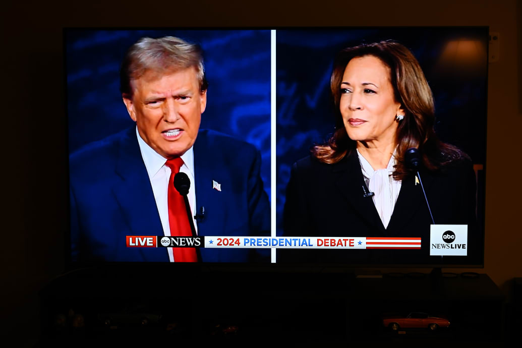 Kamala Harris is seen on TV wearing a pair of Tiffany earrings during the first 2024 presidential debate on September 10, 2024.