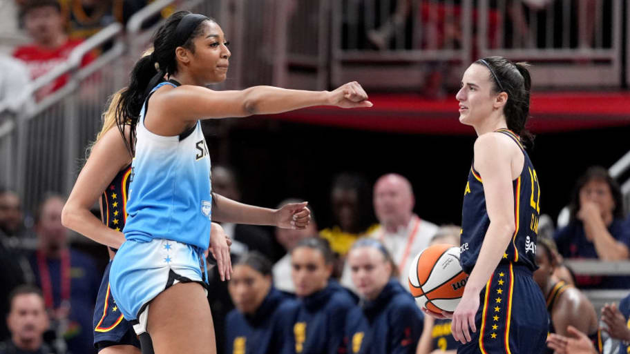 Angel Reese of the Chicago Sky reacts after fouling Caitlin Clark of the Indiana Fever.