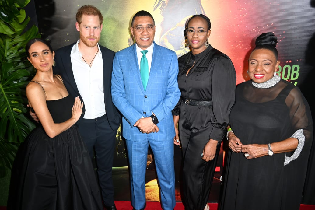 Meghan, Duchess of Sussex, Prince Harry, Duke of Sussex, Andrew Holness, Juliet Holness and Olivia Grange attend the Premiere of “Bob Marley: One Love” at the Carib 5 Theatre on January 23, 2024 in Kingston, Jamaica.