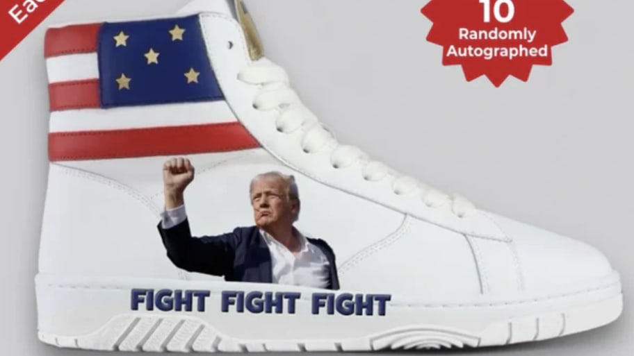 A photo of a sneaker with Donald Trump on it. 