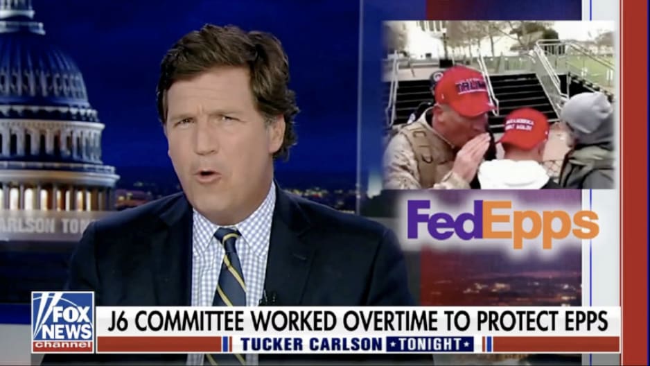 A screenshot from a Tucker Carlson broadcast in which he accused Ray Epps of being an FBI informant who incited the Jan. 6 attack on the Capitol. Epps has filed a lawsuit against Carlson and Fox News, alleging defamation.