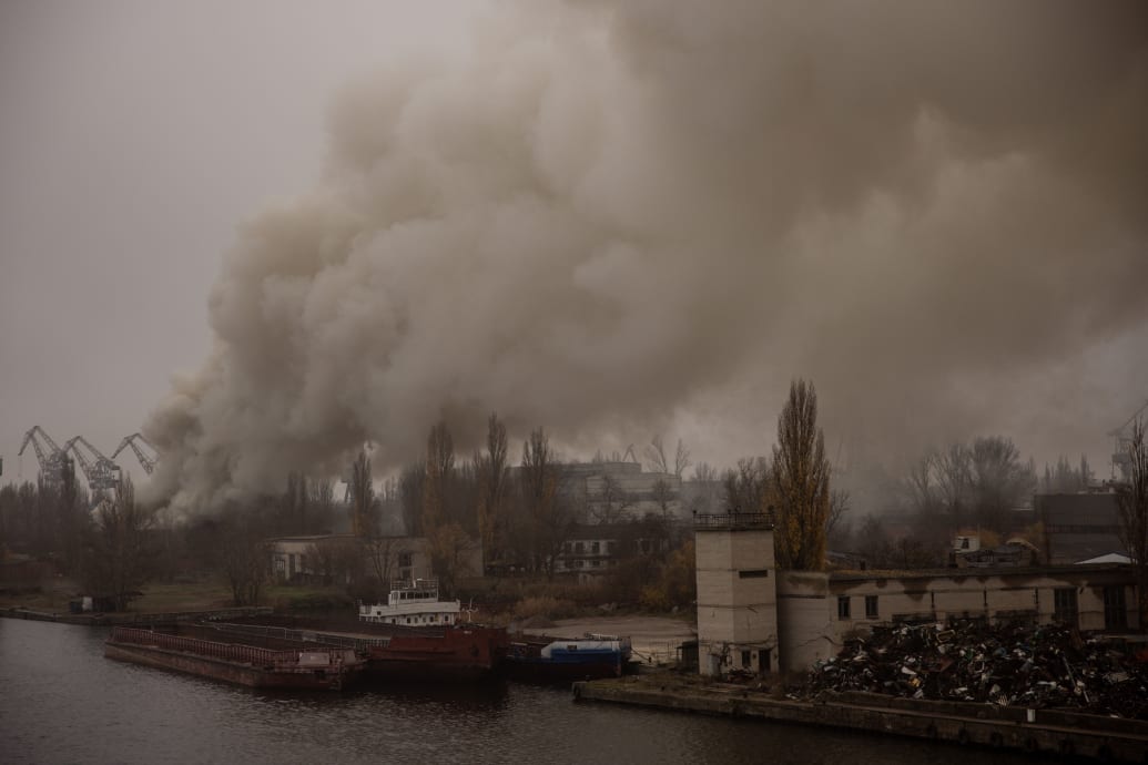 A fire burns after a Russian strike in the Kherson ship yards on November 24, 2022 in Kherson, Ukraine. 