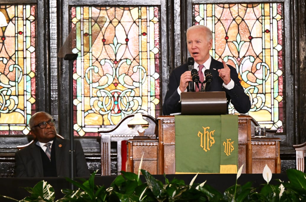 President Joe Biden delivers remarks as Rep. James Clyburn (D-S.C.) listens at the historic Mother Emanuel AME Church on January 8, 2024 in Charleston, S.C.