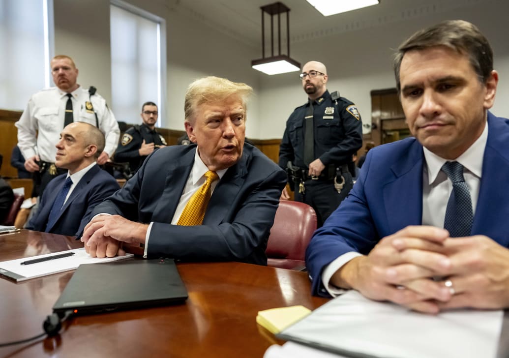 A photo of Todd Blanche in Manhattan Criminal Court with Donald Trump during the former president’s criminal hush money trial. 