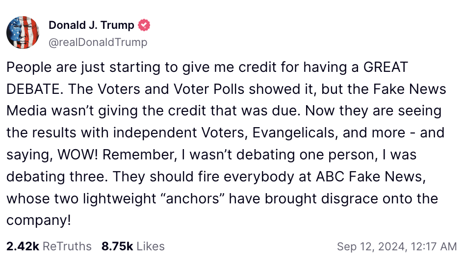 Screenshot of Trump’s Truth Social post