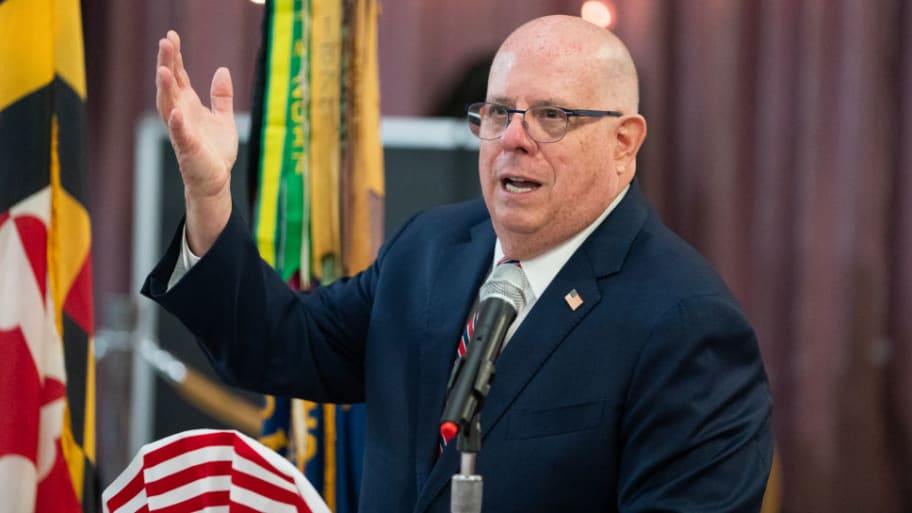 Former Maryland governor and and Republican Senate candidate Larry Hogan speaks during a campaign event at the VFW Post 9619 on July 16, 2024.