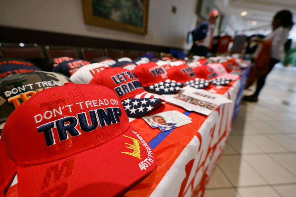 Pro-Trump memorabilia on sale in Greensboro, North Carolina, where Trump is slated to appear at a GOP convention two days after his indictment.