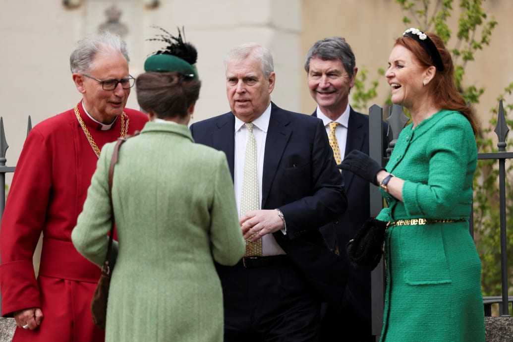 Britain's Prince Andrew, Duke of York and Sarah Ferguson speak with Britain's Princess Anne as they attend the Easter Matins Service at St. George's Chapel, Windsor Castle, Britain March 31, 2024.