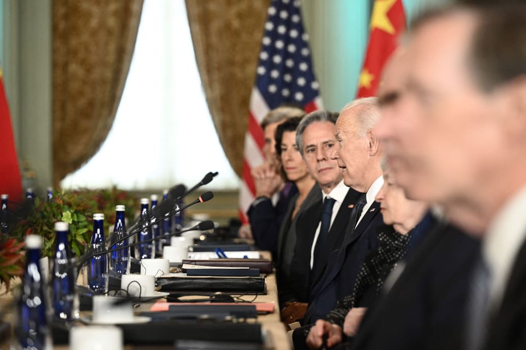 A photograph of US Secretary of State Antony Blinken looking at US President Joe Biden speaks during a meeting with Chinese President Xi Jinping during the Asia-Pacific Economic Cooperation (APEC) Leaders' week.